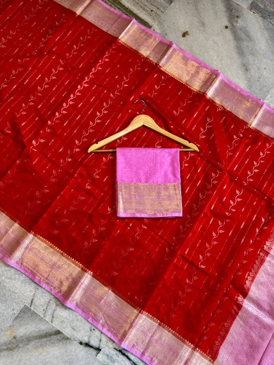 Cream with Maroon Gold Zari Border Banarasi Soft Silk Saree